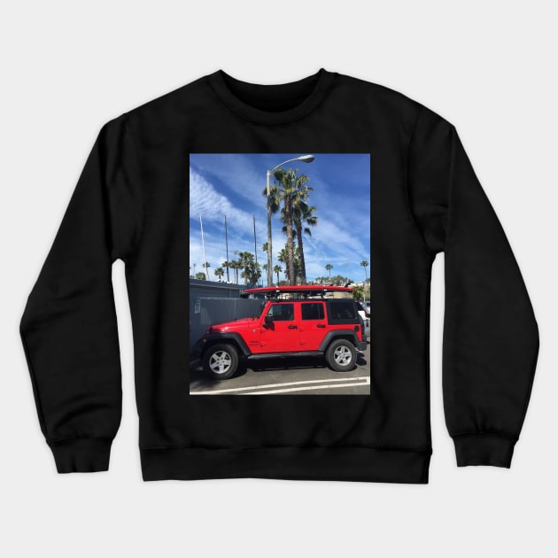 Red Jeep in Santa Barbara Crewneck Sweatshirt by ephotocard